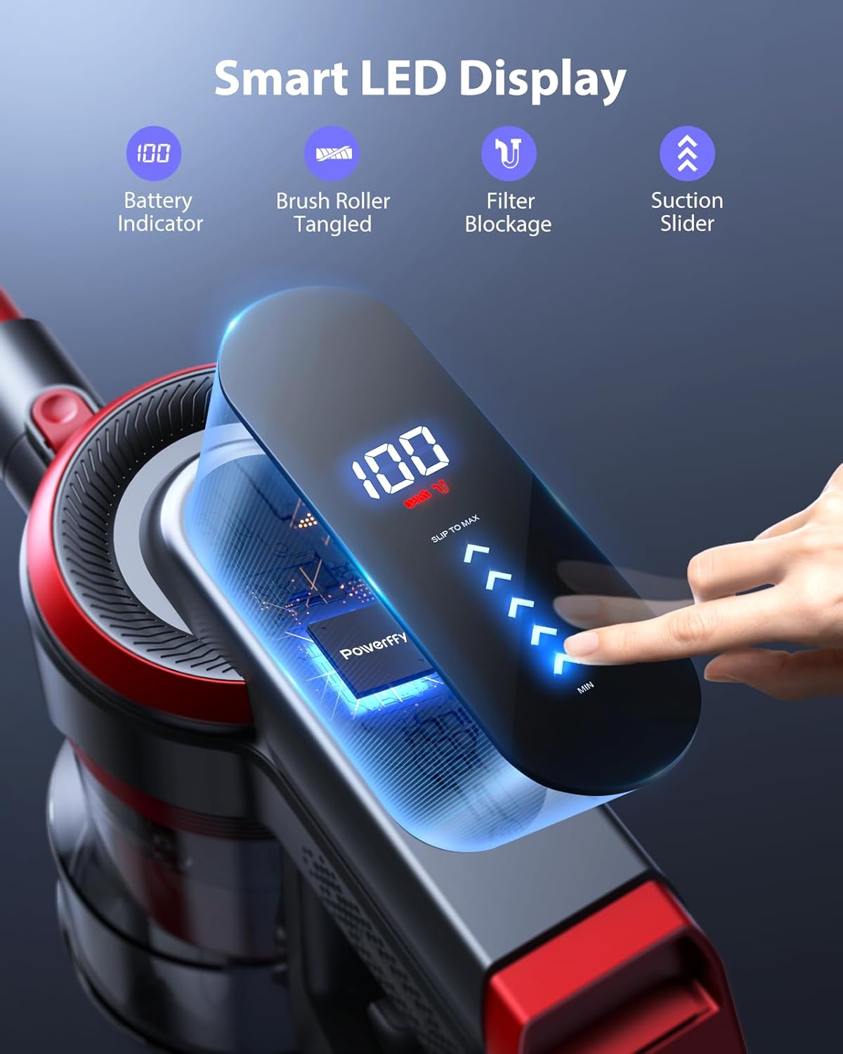 Cordless Vacuum Cleaner, 40kPa/450W Stick Cordless Vacuum Up to 55 Mins Runtime with LED Touch Screen, Anti-Tangle Vacuum Cleaner with Charging Station for Carpet Hard Floor Pet Hair