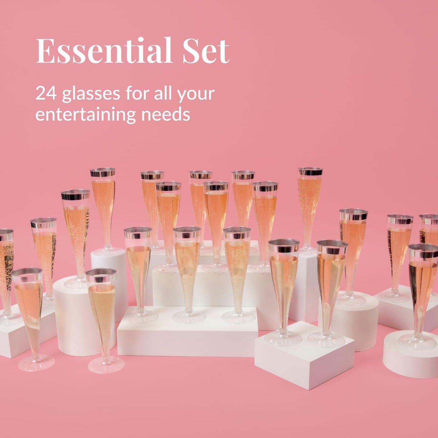 Prestee Set of 24 Silver Glitter Plastic Champagne Flutes - 4.5 oz Capacity - Shatterproof Durable Disposable Glasses - Elegant Design - Ideal for Weddings, Cocktail Parties, and Outdoor Celebrations