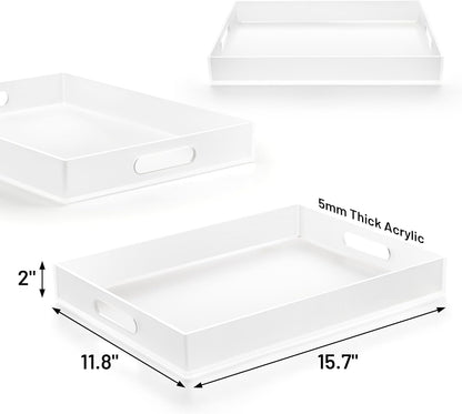 Large Acrylic Serving Tray Decorative Ottoman Coffee Table Vanity Tray Tea Fruit Platter Snack Appetizer Dessert Drink with Handles for Bar Kitchen Party, Frosted