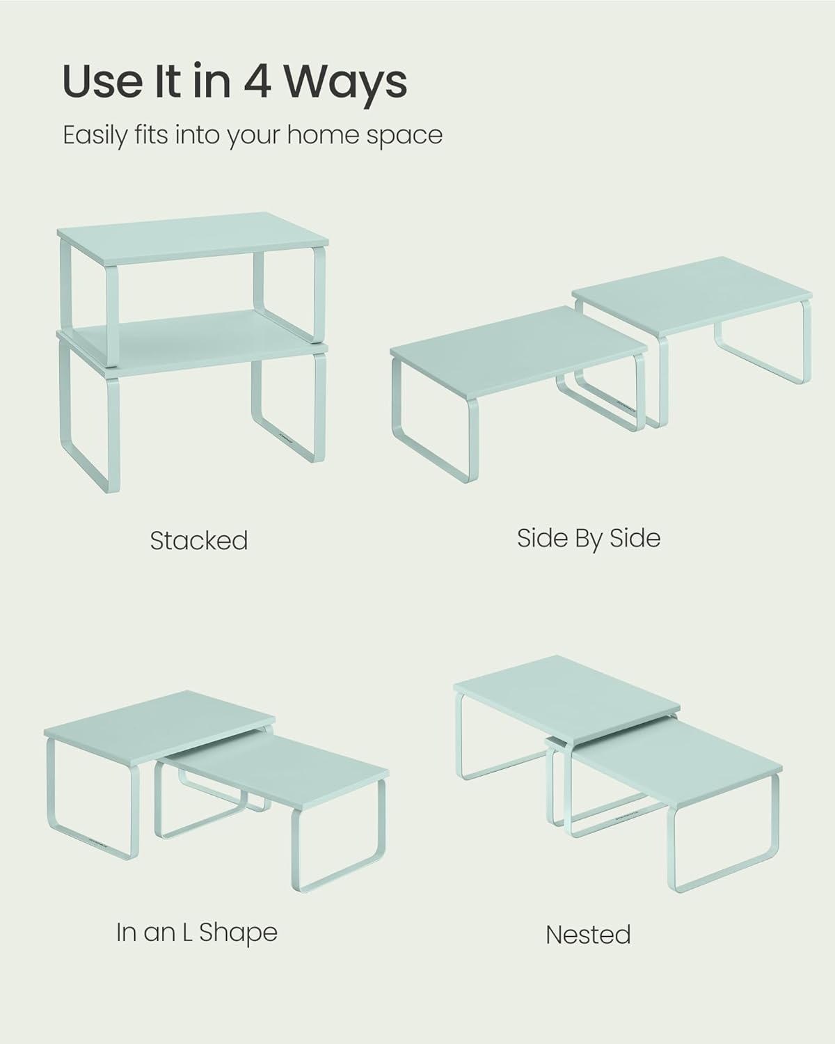 SONGMICS Cabinet Organizer Shelf, Set of 2 Kitchen Counter Shelves, Kitchen Storage, Spice Rack, Stackable, Expandable, Metal and Engineered Wood, Moonlight Green UKCS002C01