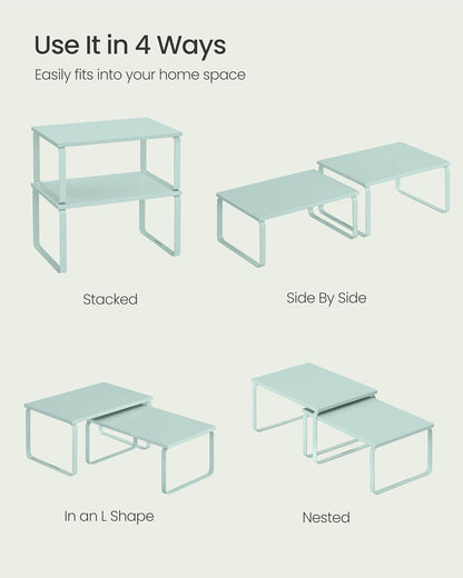SONGMICS Cabinet Organizer Shelf, Set of 2 Kitchen Counter Shelves, Kitchen Storage, Spice Rack, Stackable, Expandable, Metal and Engineered Wood, Moonlight Green UKCS002C01