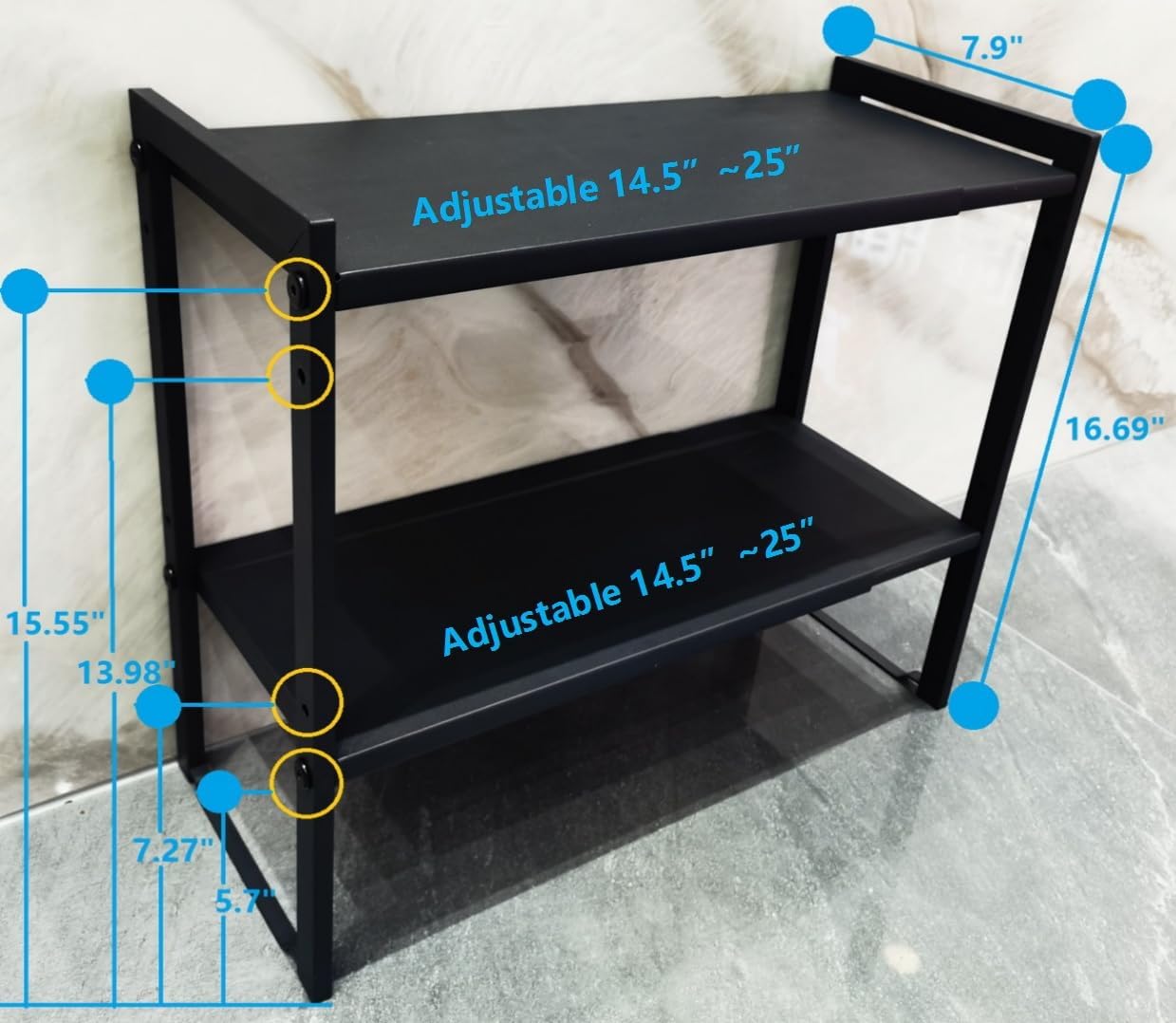 2 Tier Expandable Cabinet Shelf Organizer 14.5-25" L Kitchen Counter Shelf Rack Stand Sink Riser Countertop Storage Black (Normal 7.9”D)
