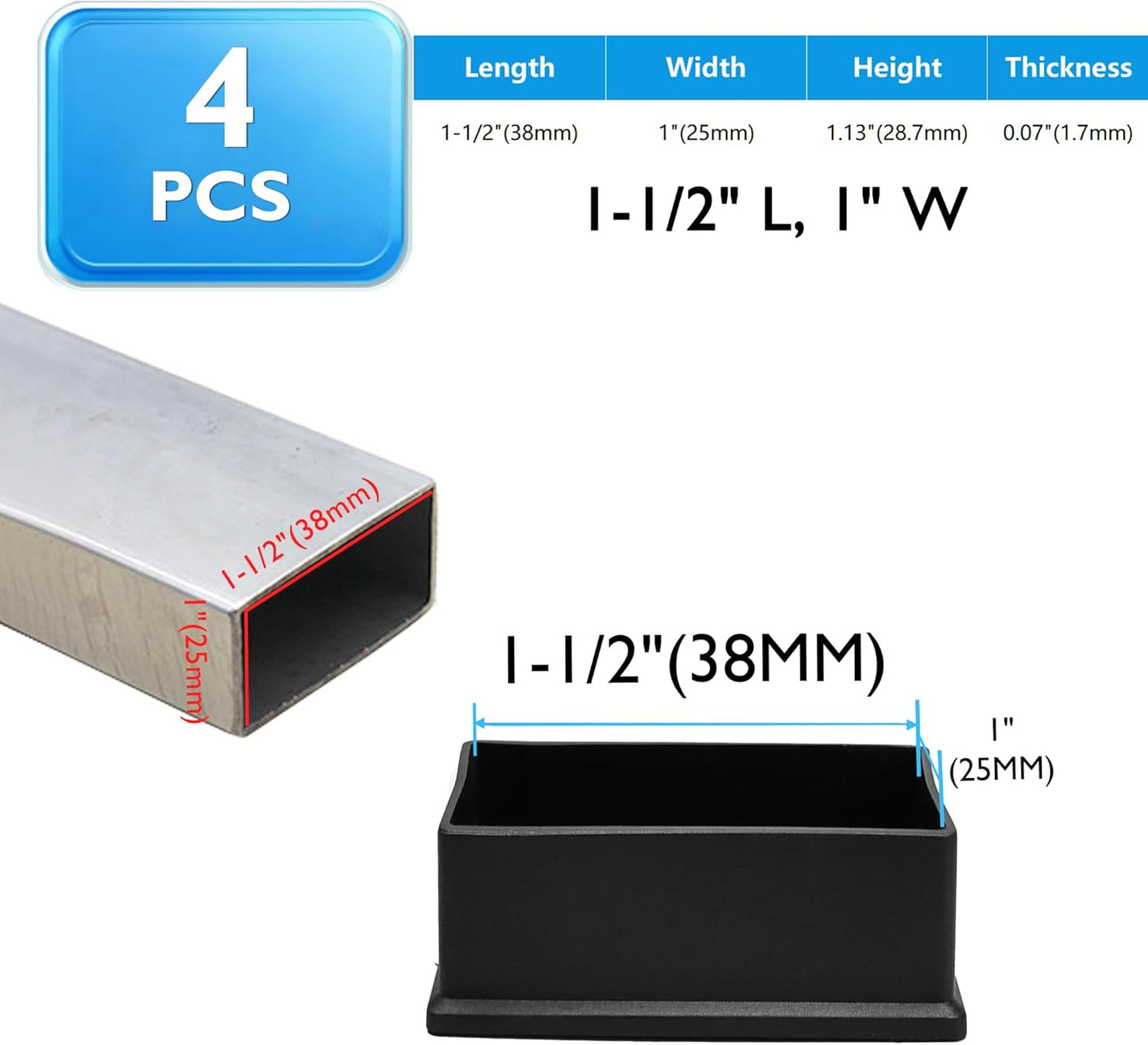 4 Pcs 1" x 1-1/2" Rectangular Rubber Chair Leg Caps, PVC Table Leg Covers, Flexible & Anti-Slip Furniture Leg End Caps, Chair Leg Floor Protectors for Bar Stool Leg Patio Indoor, Black