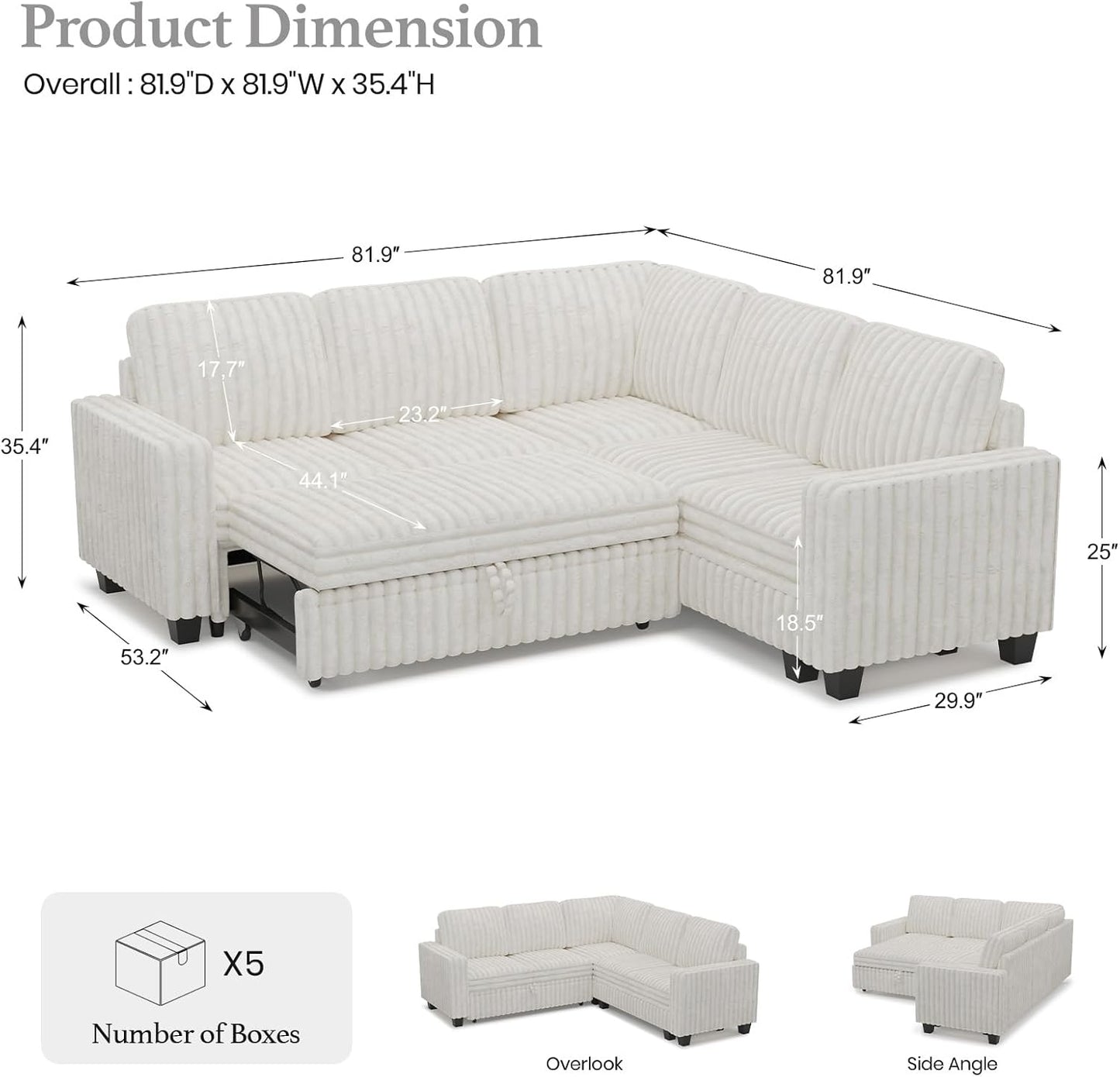 Belffin Plush Corduroy Modular Sectional Sofa with Pull Out Bed Convertible Small Sectional Corner Couch for Living Room White Couch