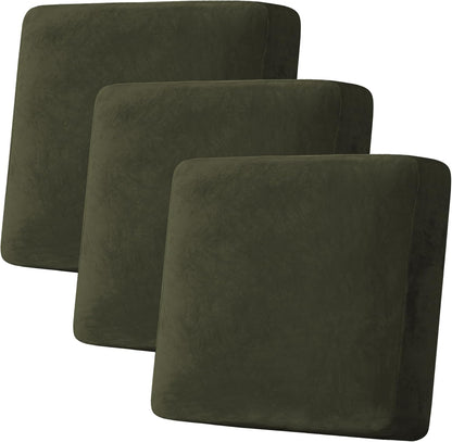H.VERSAILTEX Velvet Stretch Couch Cushion Cover Plush Cushion Slipcover for Chair Loveseat Sofa Cushion Furniture Protector Seat Cushion Sofa Cover (3 Piece XL Sofa Cushion Covers, Olive)