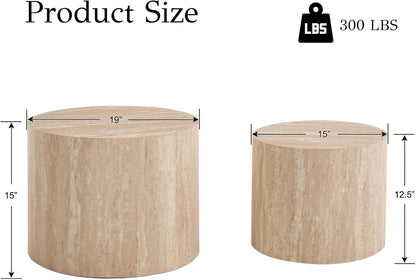 EALSON Nesting Coffee Table Set of 2 Modern Round Wood Coffee Table Circle Fluted End Tables Accent Tables for Small Space/Living Room/Bedroom, Travertine