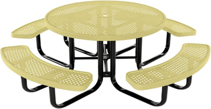 Heavy-Duty Portable Outdoor Kids Table with Umbrella Hole, Punched Steel Kids Picnic Table, Commercial-Grade, Made in America (46 in, Round, Childrens, Textured Sandstone)