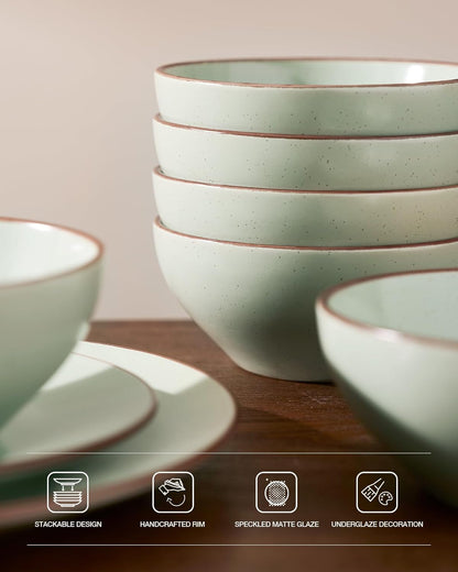 Famiware Venus Plates and Bowls Sets, 18 Pieces Stoneware Dinnerware Sets, Speckled Dishes Set for 6, Microwave and Dishwasher Safe, Matte Light Green