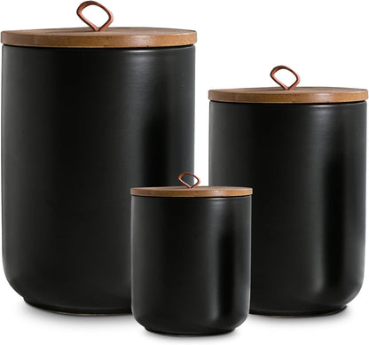 Black Ceramic Canister Set with Wooden Lid, 3-Piece Food Storage Jars for Kitchen Counter, Storage Container for Coffee, Tea, Spice, Sugar, Grains, Salt
