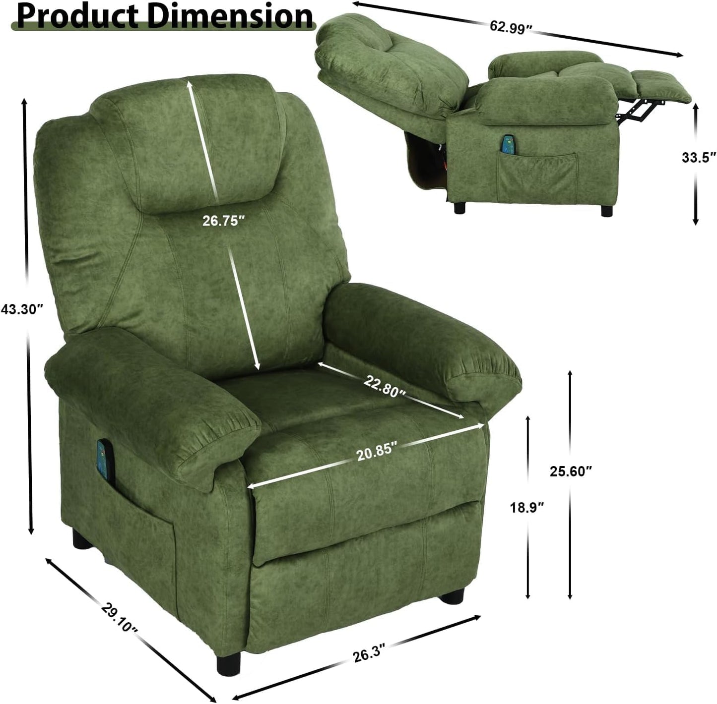KCREAM Green Massage Recliner Chair, Small Recliners for Small Spaces, Overstuffed Recliners Living Room Chairs for Adults Fabric Manual Recliner Chairs with Heating Single Sofa Chair