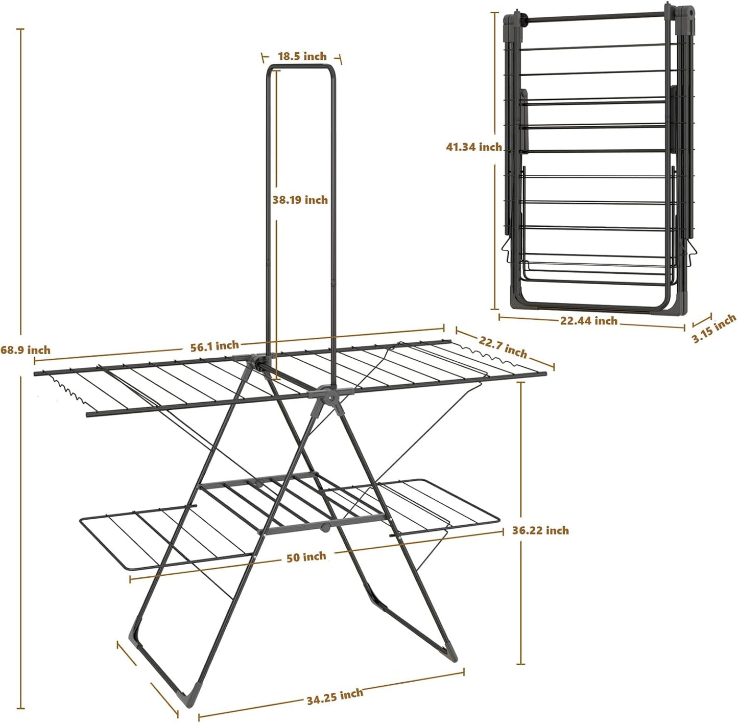 Bigzzia Clothes Drying Rack Foldable, 68.9Inch High Hanger Laundry Drying Rack with 4 Height-Adjustable Wings, Lightweight and Space Saving Clothes Airer for Apartments, Dorms, Camping
