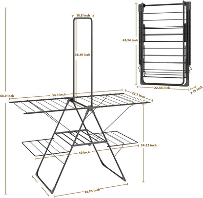 Bigzzia Clothes Drying Rack Foldable, 68.9Inch High Hanger Laundry Drying Rack with 4 Height-Adjustable Wings, Lightweight and Space Saving Clothes Airer for Apartments, Dorms, Camping