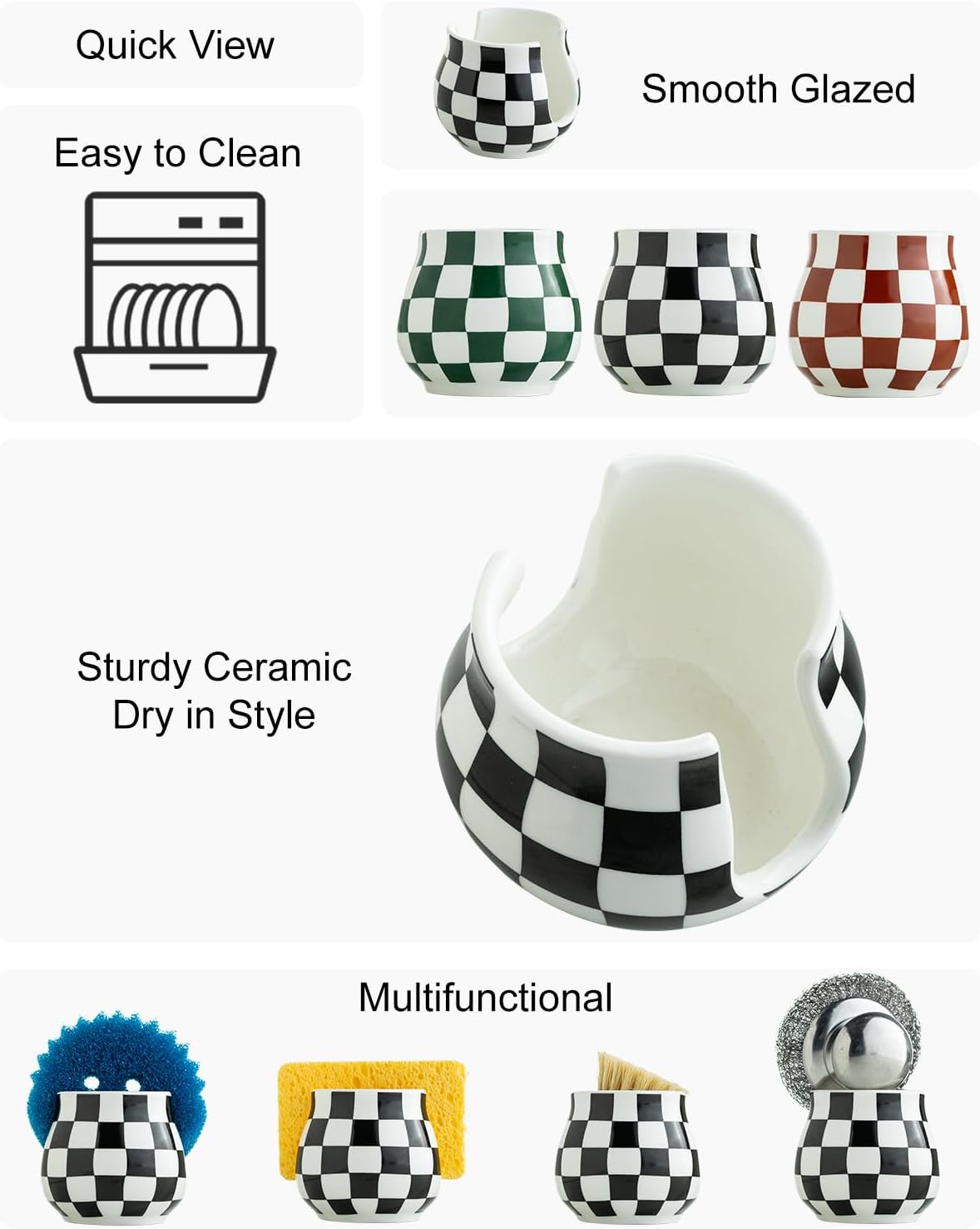 Checkered Sponge Holder for Kitchen Sink, Ceramic Dish Sponge Dish Rack Scrubby Holder Kitchen Organizer Cute Sink Caddy Organizer, Farmhouse Decor, Black and White