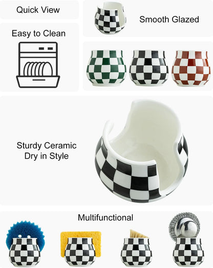 Checkered Sponge Holder for Kitchen Sink, Ceramic Dish Sponge Dish Rack Scrubby Holder Kitchen Organizer Cute Sink Caddy Organizer, Farmhouse Decor, Black and White