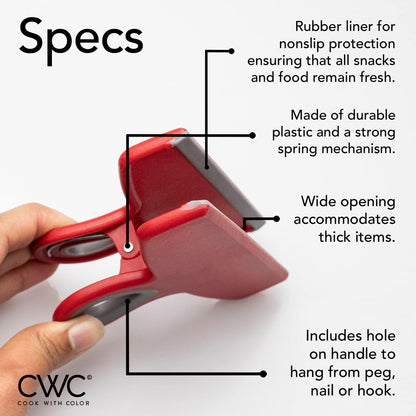COOK WITH COLOR Bag Clips - Heavy Duty Chip Clip and Refrigerator Magnet Clips for Food Storage with Air Tight Seal Grip, Red, Pack of 4 Large Clips