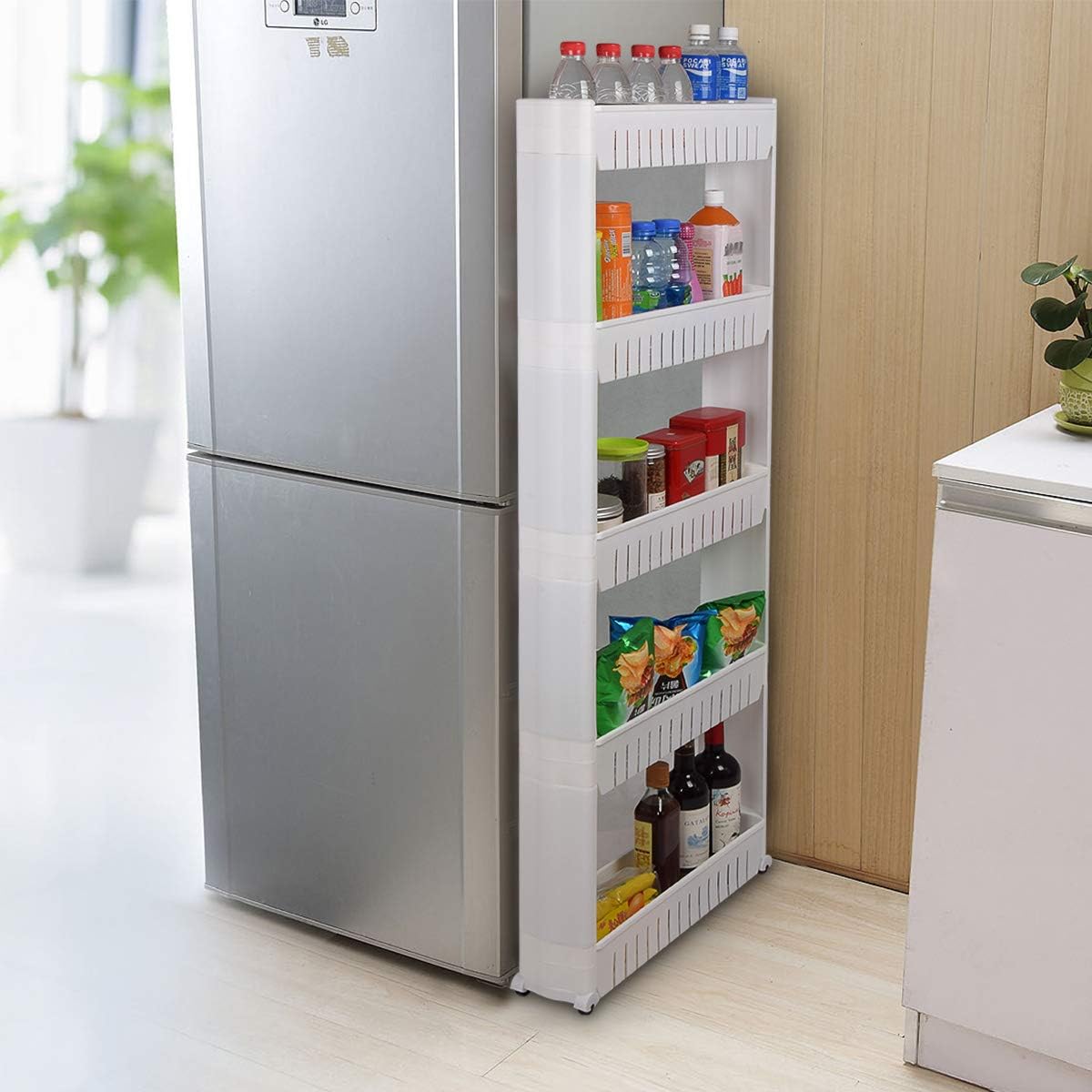 Laundry Room Organizer, Mobile Shelving Unit Organizer with 4 Large Storage Baskets, Gap Storage Slim Slide Out Pantry Storage Rack for Narrow Spaces, 4 Tier …