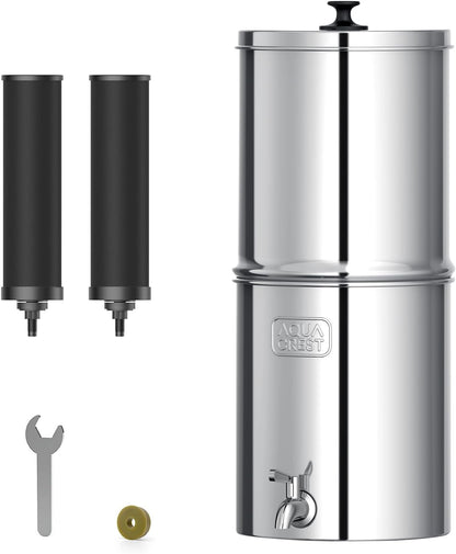 AQUA CREST Gravity Water Filter System, NSF/ANSI 42&372 Certified Black Carbon Filters, Reduce Lead and Up to 99% Chlorine, 2.25G, for Home, Camping, RVing, Off-Grid, Emergencies, AQ-TN-A