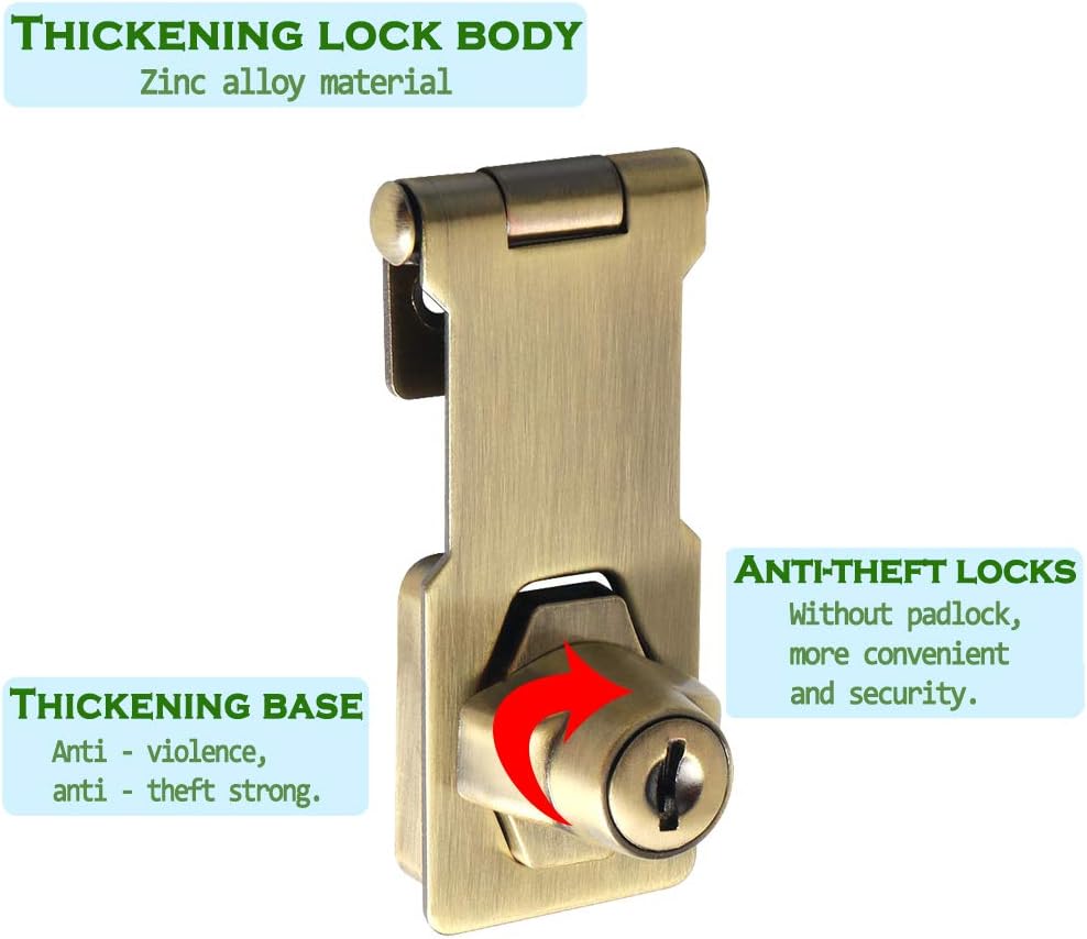 Alise Keyed Hasp Lock,3 Inch Safety Packlock Clasp Hasp Lock Latch with Lock,Door Hinge Lock with Keys Keyed Locking Hasp for Cabinets Closets Doors,Bronze