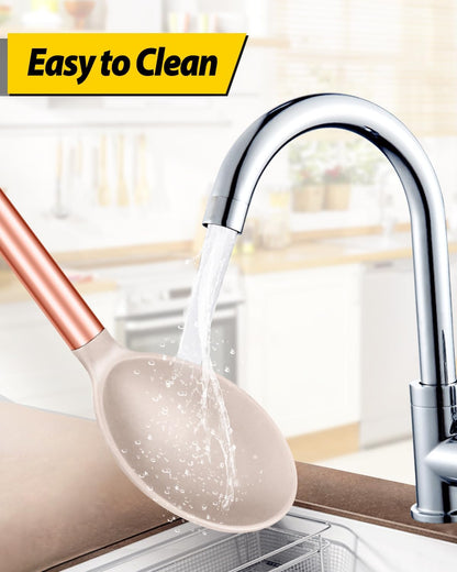 Pack of 2 Large Silicone Cooking Spoons,Non Stick Solid Basting Spoon,Heat-Resistant Kitchen Utensils for Mixing,Serving,Draining,Stirring (ROSE GOLD KHAKI)