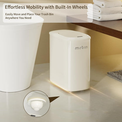 MRBIN Motion Sensor Bathroom Metal Trash Can with Lid and Wheels, 10L/2.6gal Automatic Removable Slim Electric Narrow Waste Basket for Near Desk Office, Bedroom, Kitchen, Rv, White