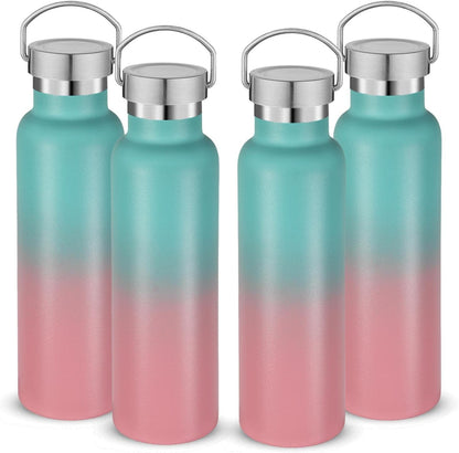 Neihepal 20 oz Insulated Water Bottles Bulk 4 Pack,Stainless Steel Double Wall Sport Bottle with Lid of Handle,Metal Reusable Thermoses Flask for School,Cyclists,Hikers,Gift (Green-Pink,Set of 4)