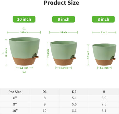 FaithLand 3-Pack Planter Pots, 10 9 8 Inch Self Watering Flower Pots for Indoor Outdoor Garden Plants, Green with Brown