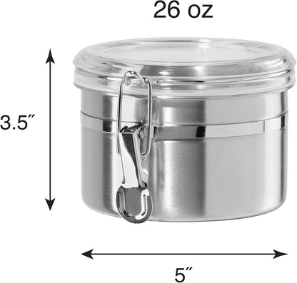 OGGI Stainless Steel Kitchen Canister 26 fl oz - Airtight Clamp Lid, Clear See-Thru Top - Ideal for Kitchen Storage, Food Storage, Pantry Storage. Size 5" x 3.5".