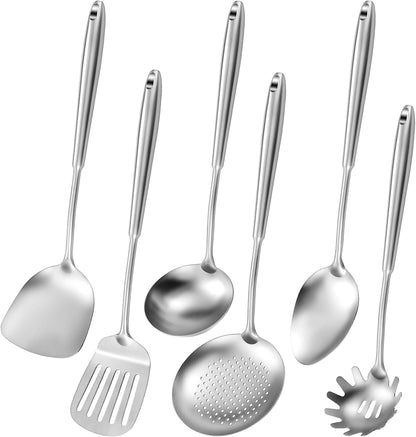 304 Stainless Steel Cooking Utensils,6 Pcs Kitchen Cooking Utensils Set with Spatula, Solid Spoon, Ladle, Skimmer, Spaghetti Spoon,Dishwasher Safe