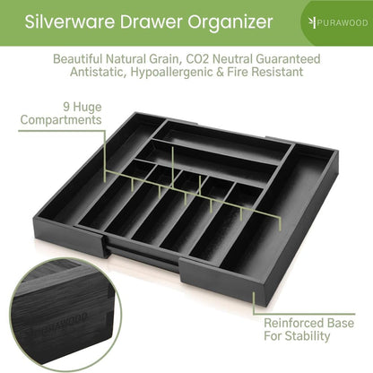 Purawood Bamboo Drawer Organizer - Expandable Silverware Organizer & Utensil Organizer, Cutlery Tray with Dividers, 7-9 Slots - Premium Kitchen Drawer Organizer for Utensils & Flatware (Black)