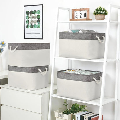 Organization and Storage Bins for Shelves - Large 4 Pack 16x12x8 inch Collapsible Storage Basket for Organizing, Fabric Storage Cubes for Box Closet Cloth Toy Nursery Books Kids (Grey & White)