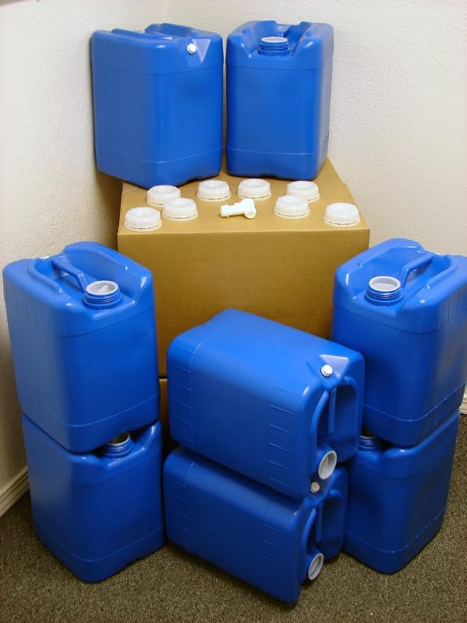 5 Gallon Samson Stackers, Blue, 8 Pack (40 Gallons), Emergency Water Storage Kit - New! - Boxed! Includes 1 Spigot and Cap Wrench