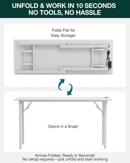 Frylr Small Folding Computer Desk – 55.1 Inch Portable Table for Craft and Study, Lightweight Desk for Small Spaces, Foldable Laptop Table Built-in AC/USB Outlets for Convenience, White
