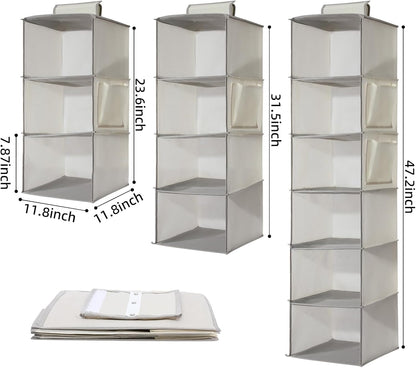 2 Packs Hanging Closet Organizer Storage, 4-Shelf Hanging Shelves for Closet, Closet Clothes Organizer and Storage with Side Pocket, Beige