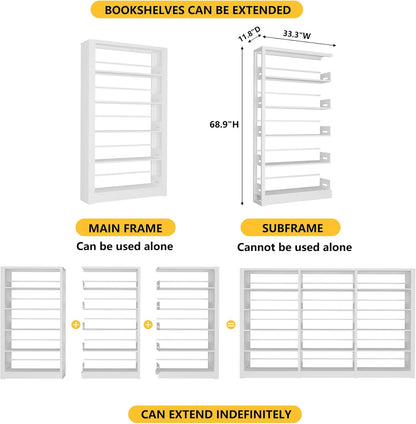 Heavy Duty Metal Bookshelf, 5 Shelf Adjustable Bookcase, 69’’ Tall Modern Bookshelves, Open Book Shelf Organizer, Large Sturdy Book Case for Living Room, Library, Office, White Book Shelf