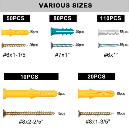 KURUI Drywall Anchors and Screws Assortment Kit 270PCS, 135 Plastic Dry Wall Expansion Anchors and 135 Philips Flat Head Wood Screws, 5 Sizes Wall Hanging Kit for Art Decor, Replaces Picture Nails