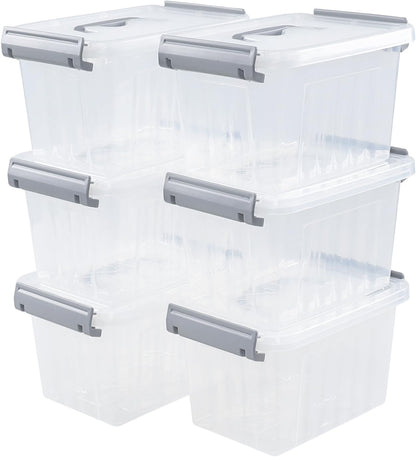3 L Small Clear Storage Latch Box, 6 Pack Plastic Stackable Organizer Containers with Lids