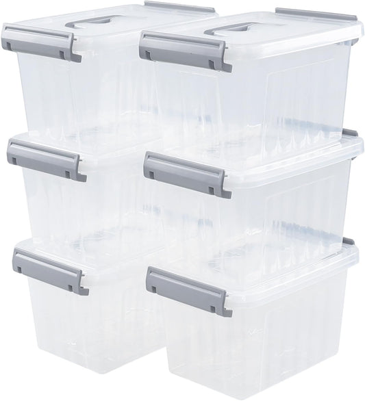 3 L Small Clear Storage Latch Box, 6 Pack Plastic Stackable Organizer Containers with Lids