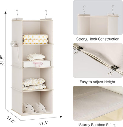 YOUDENOVA Hanging Closet Organizer, 4-Shelf Closet Hanging Storage Shelves, Beige