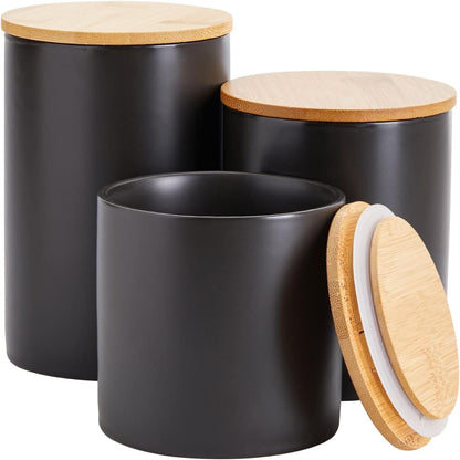 Farmlyn Creek Set of 3 Matte Black Kitchen Canister with Airtight Wooden Bamboo Lids, Kitchen Counter Containers, Food Storage Jars, Ideal for Storing Sugar, Coffee and Other Dry Goods, (3 Sizes)