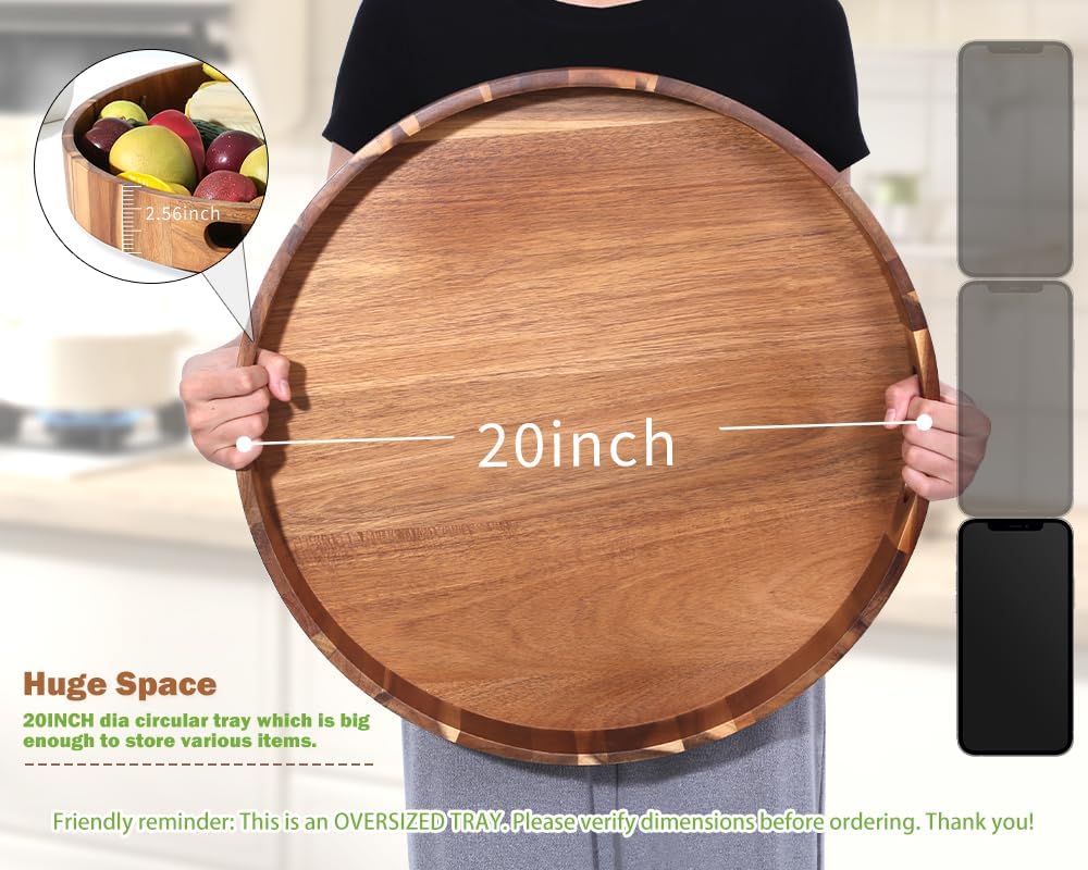Extra Large Round Serving Tray, 20INCH, Heavy Duty Acacia Wood Trays for Big Ottoman Coffee Table Counter Giant Decorative Organizer Tray, Huge Kitchen Serveware Cheese Board Charcuterie Tray