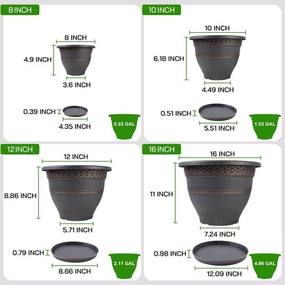 10 Inch 4 Pack Large Plant Pots, Plastic Flower Pot for Indoor & Outdoor with Drainage Holes & Saucer, Plaid Pattern Planters Garden Pots for Herbs