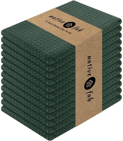 Native Fab Waffle Weave Dish Towels 12 Pack, 100% Cotton Kitchen Dishcloths with Hanging Loop, 16x26 Inches, Super Absorbent, Washable, Quick Dry for Kitchen Cleaning, Drying Dishes, Forest Green