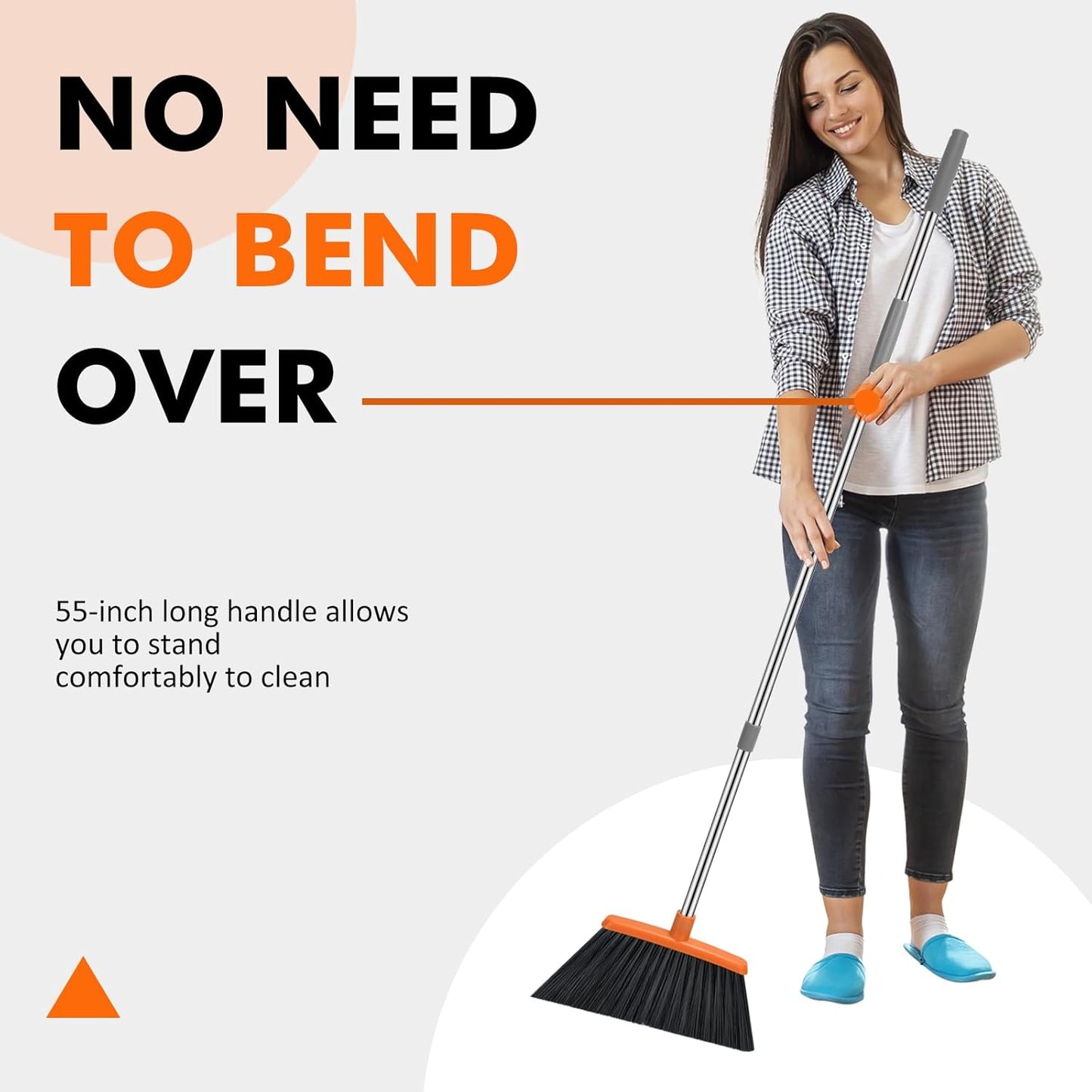 NACENA Heavy Duty Broom, 55 Inch Long Handle Outdoor Large Angle Brooms, Commercial Broom for Sweeping Indoor, for Home Garage Kitchen Office Courtyard Lobby Patio Lawn Concrete, 2 Pack (Grey&Orange)