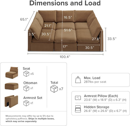 mopio Oversized Modular Sectional Sofa with Fully Removable Covers and Storage, Convertible U, L-Shaped and Sleeper Sectional, Modern Couches with Ottoman Chaise (Hazelnut Velvet, 6 Seats, Sleeper)