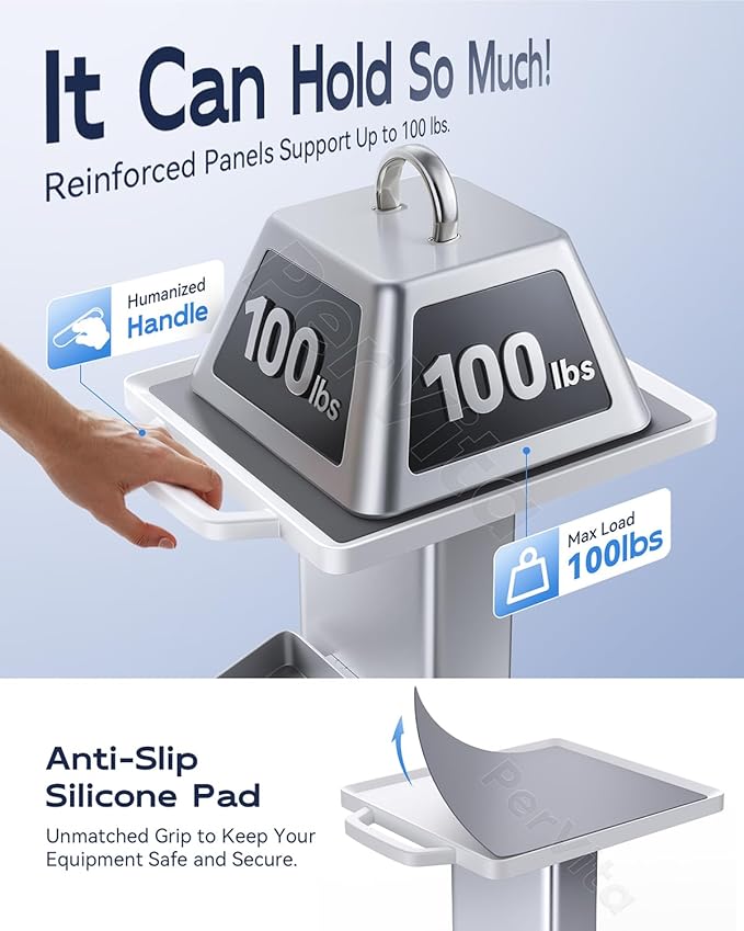 Medical Utility Cart with 4 Swivel Wheels, 100 lbs Capacity for PSP10/PSP15 Shockwave Machines, Beauty, Medical, Office & Home Use Equipment, 15.7x17.3 in Non-Slip Platform & Gel Tray