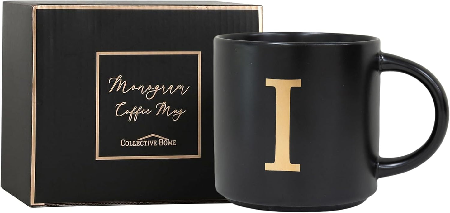 COLLECTIVE HOME - Monogram Ceramic Mugs, 15 oz Golden Initial Black Coffee Cups, Elegant Alphabet Tea Mugs, Elegant Personalized Mug with Gift Box, Unique Mug with Double Side Capital Lette (I)