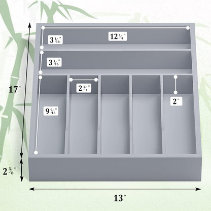 Utensil Organizer Silverware Drawer Organizer - 7 Slots Bamboo Utensil Tray Multifunctional Small Silverware Organizer for Kitchen Utensils, Garage Tools, Makeup Storage W13”x L17” (Grey)