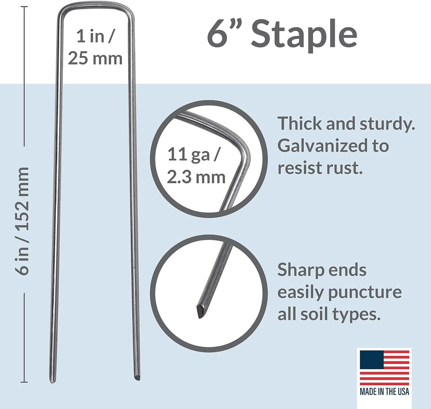 Pinnacle Mercantile USA Made 200 Pack Garden Landscape Staples Weed Barrier Fabric Stakes Galvanized 6 inch Pins Anti Rust Sod Staple 11 Gauge Steel