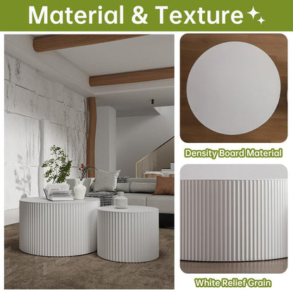 Round Nesting Coffee Table Set of 2 Small Round Coffee Tables for Living Room Modern Fluted Coffee Table Circular End Table Side Table for Small Spaces No Assembly (White B, 27 in)