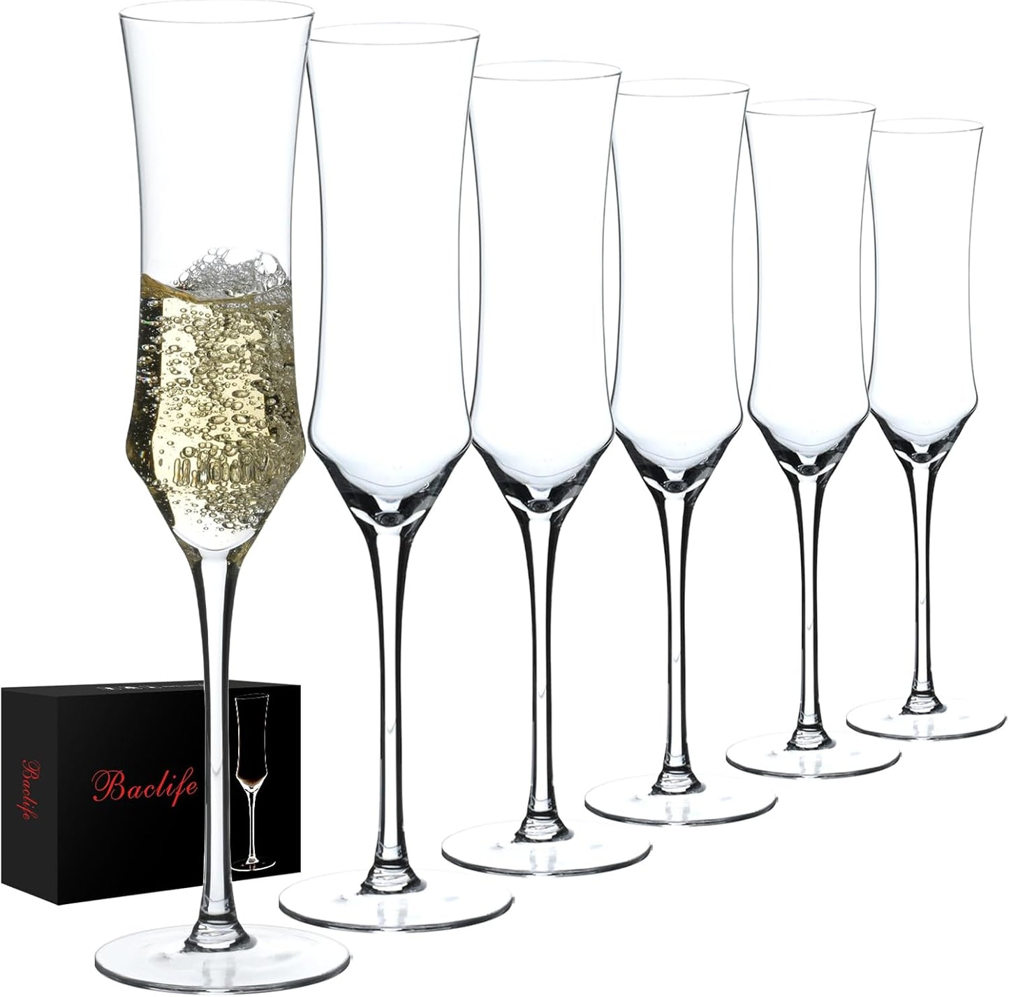 Champagne Flutes Set of 6 - Hand Blown Crystal Champagne Glasses With Long Stem - 7 oz Elegant Sparkling Wine Stemware - Unique Gift for Birthday,Wedding,Mother's Day,Housewarming